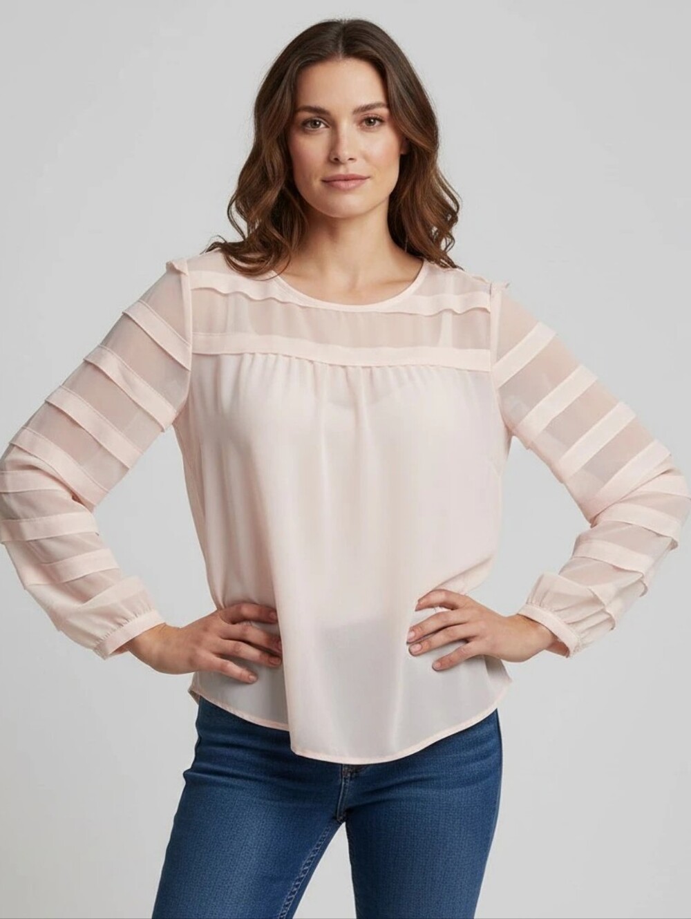 LOFT Sheer Stripe Sleeve Blouse in Blush